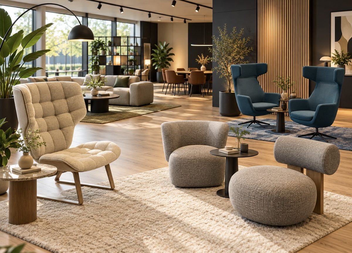 De showroom van Designplek in Huizen met design fauteuils en loungestoelen