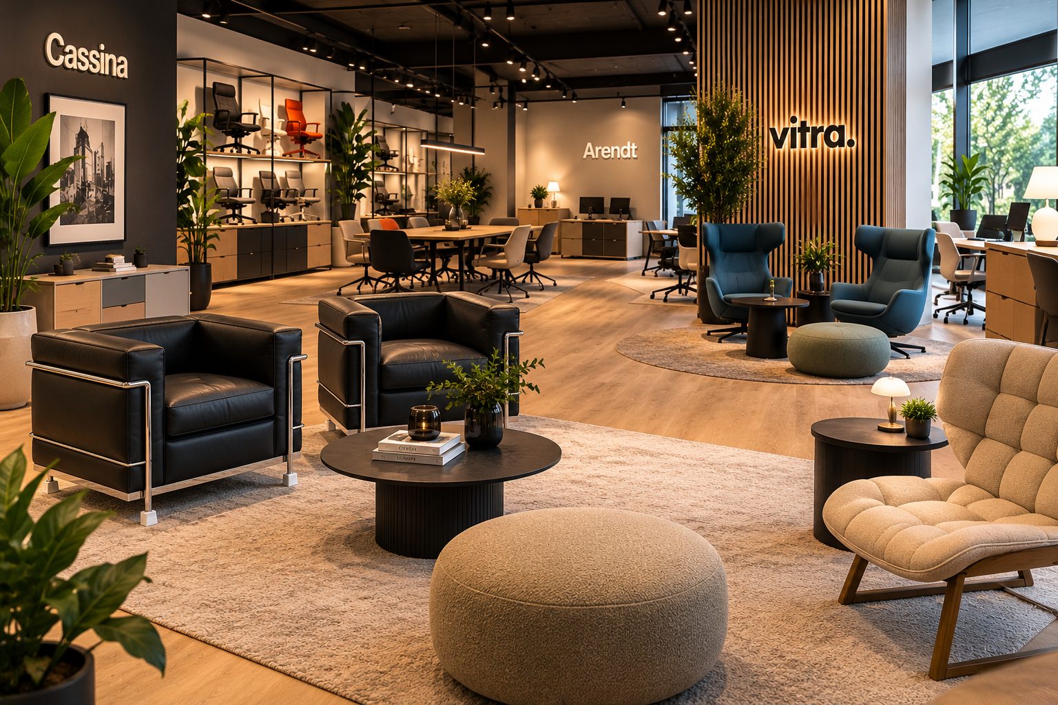 Showroom Designplek in Huizen met Cassina LC2 fauteuils, Vitra en bureaustoelen